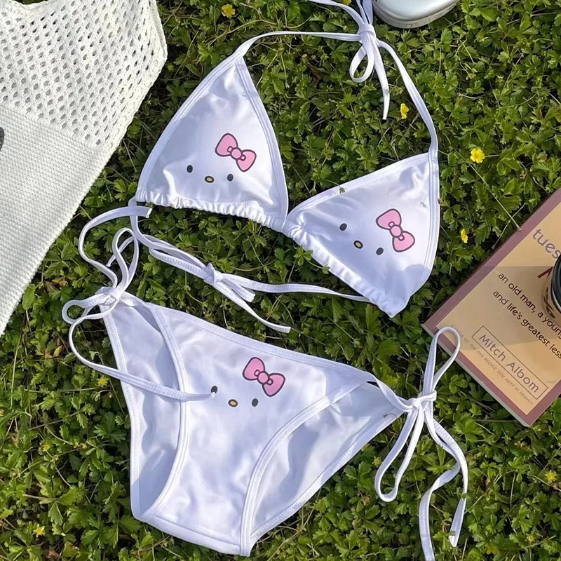 Sanrio Kawaii Hello Kitty Halterneck Bikini Anime kreskówka seksowna gorąca moda wykwintny strój kąpielowy zestaw biustonosz z wkładki na persi