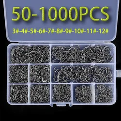 50-1000PCS Fishing Hooks Set High Carbon Steel Sharp Durable Barbed Fishhook Rock Fishing Equipment Gear Tackle Accessories with