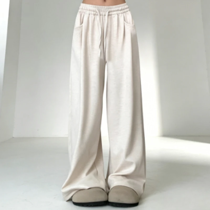 Plus Size Women's Korean Style White Sticky Rice Wide Leg Pants Autumn Retro High Waist Drape Slim Casual Straight Knit Pants