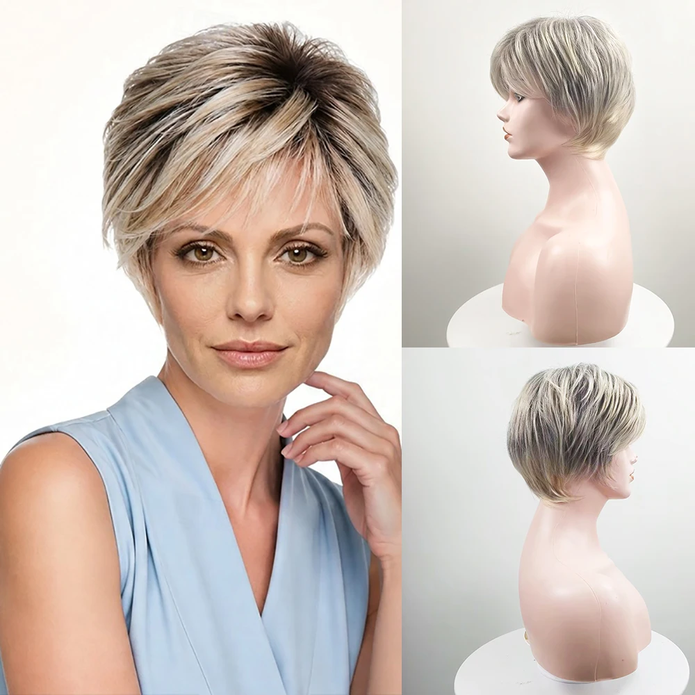 HAIRJOY Synthetic Hair Wig Short Ash Blonde Pixie Cut Wig with Dark Shadow Roots  Layered Wigs  for Women