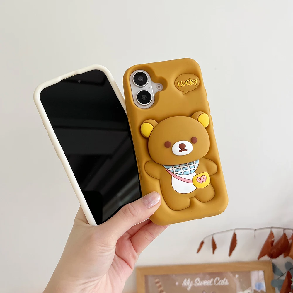 Kawaii Rilakkuma Bear Soft Silicone Case With Holder Cover For iPhone 16 15 14 13 12 11 Pro Max