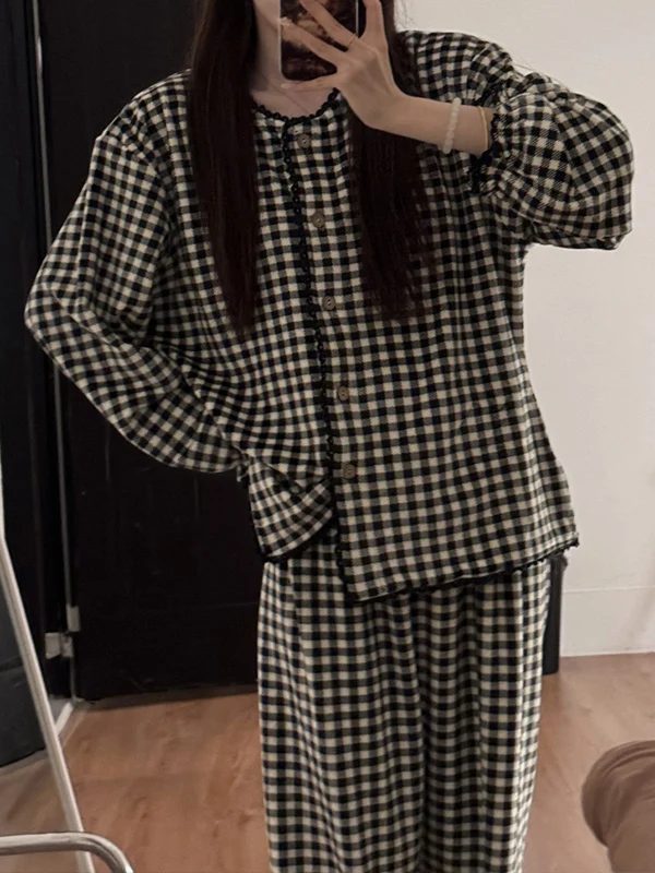 Thickened Coral Velvet Autumn Winter Sleepwear Women's Style Home Clothes Set Island Velvet Plaid High-End Feeling Nightgown