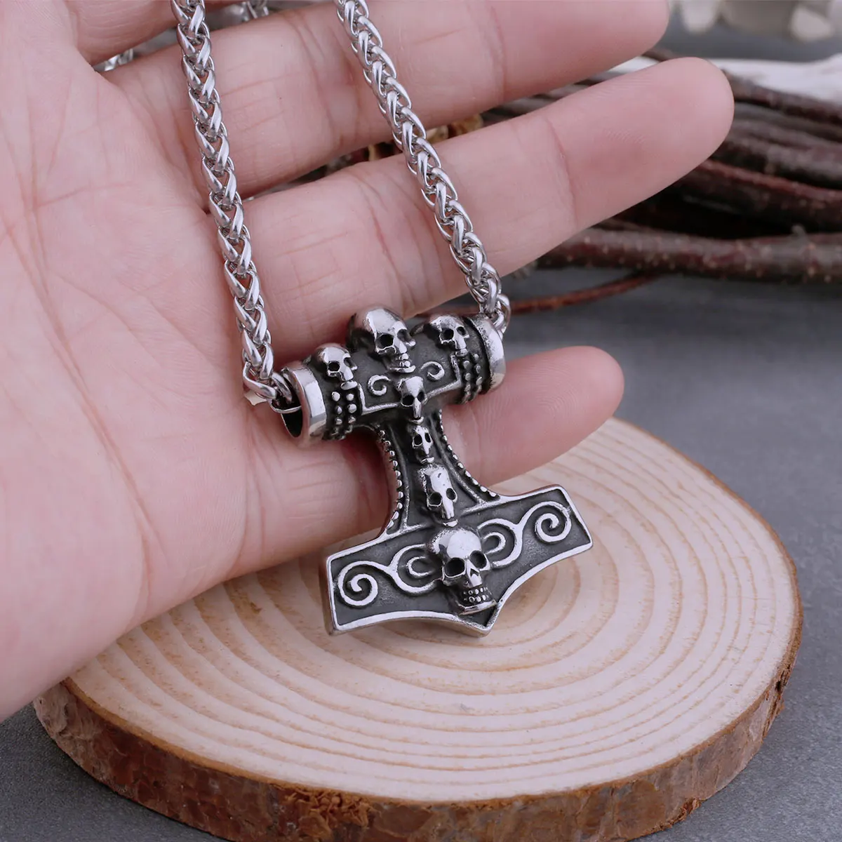 

Vintage Viking Anchor Skull Necklace Stainless Steel Men Norse Thor's Hammer Hip Hop Biker Pendant Necklace Fashion Jewelry Gift