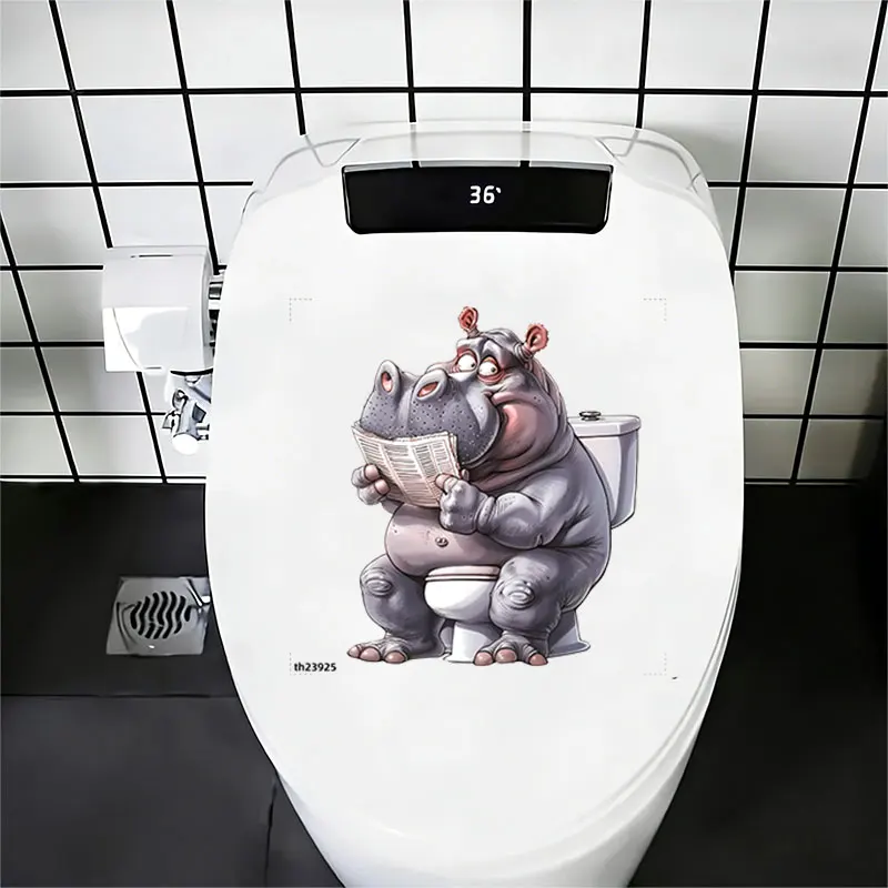 1Pc Fun and Creative Animal-Themed Toilet Wall Sticker, Featuring a Cute and Adorable Fat Hippo Sitting on the Toilet and Reading a Newspaper, Suitable for Toilet Seats, Bathroom Glass, Bedrooms, Refrigerators, Washbasins, Cabinets, Doors and Windows, and Wall Decals. Fun and Attractive Stickers That Are Practical and Easy to Use, Creating a Warm and Fun Space. a Creative and Thoughtful Gift for Family, Friends, and Loved Ones