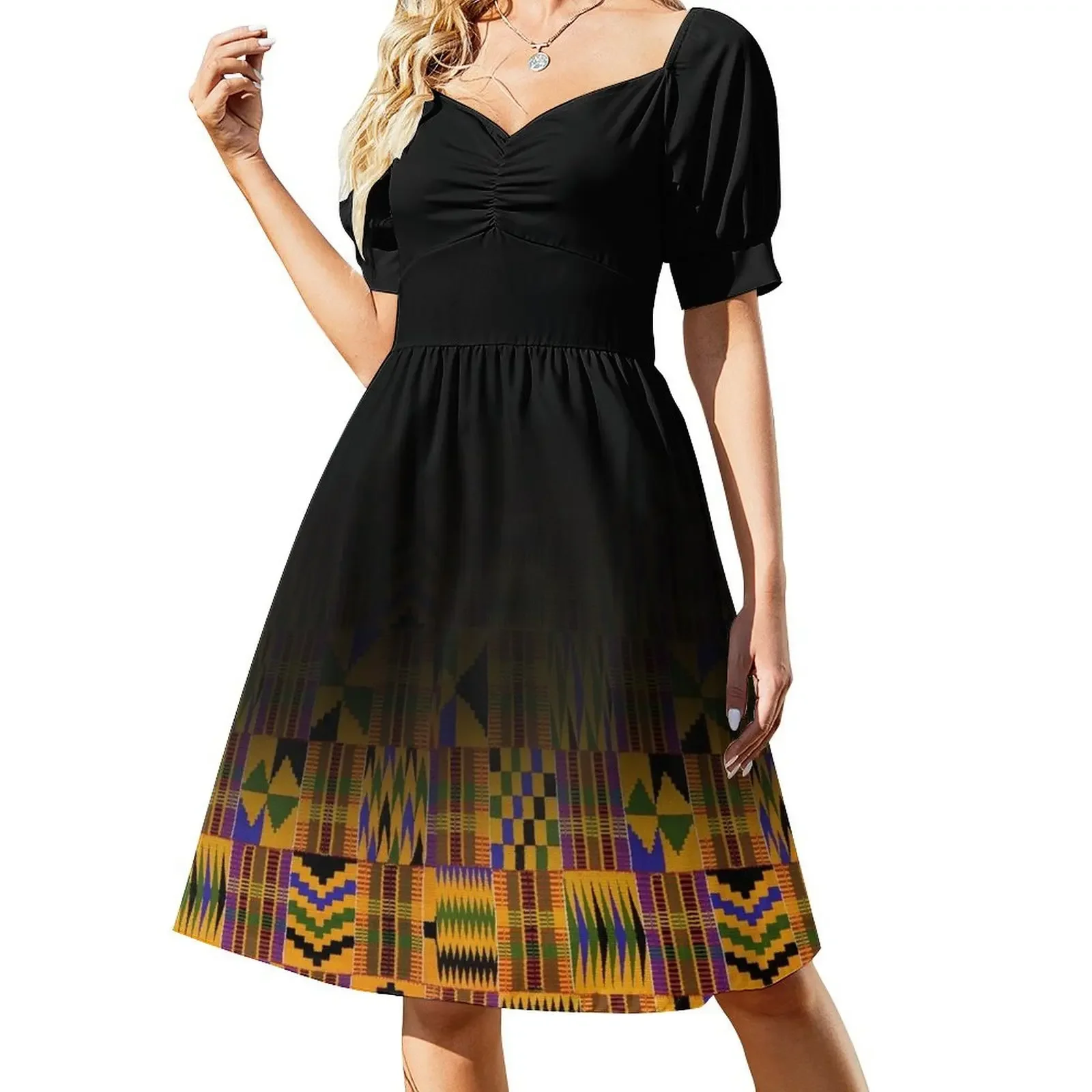 black fading kente print Short-Sleeved Dress elegant chic women dresses promotion Woman clothing Dance dresses Long dress