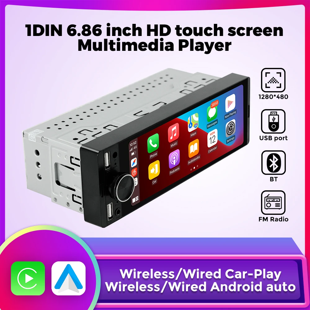 1DIN Universal MP5 6.86-Inch Car Radio Support Wireless Carplay Android AUTO AUX USB SWC BT Touch Screen Multimedia Video Player