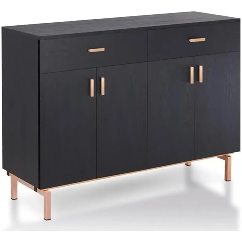 

ern Wood Buet Table, Black inish, 2 Ders, Built-in Wine Rack, MD and Veneer truction, Rose Gold Pulls, 4 Cabi, 3 Interior Shelve