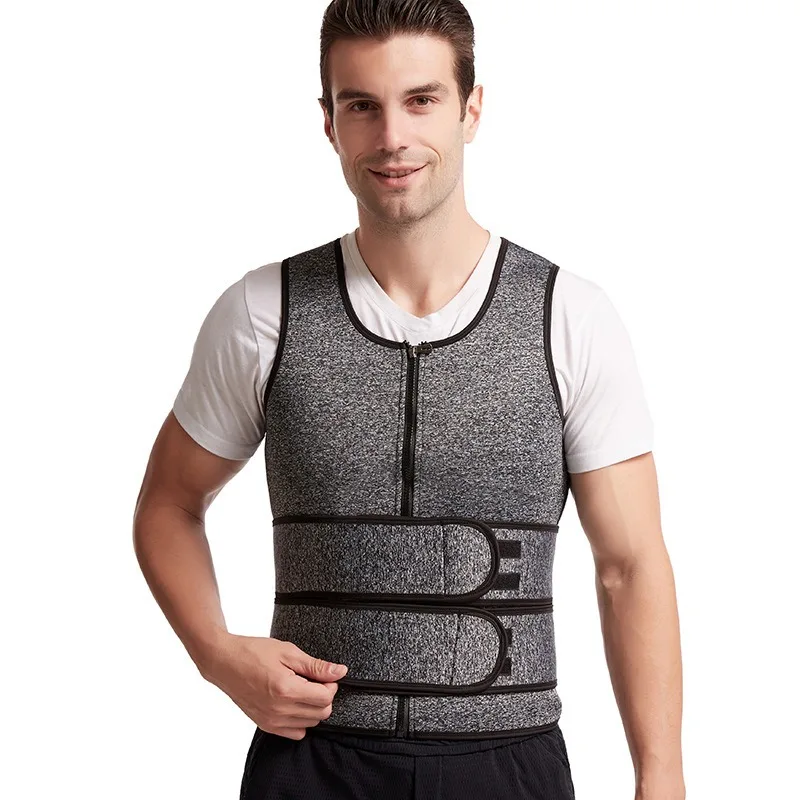Ropa moldeadora de cuerpo atlético para hombre, chaleco tipo túnica de neopreno, corsé para gimnasio, chaleco con doble cinturón, cárdigan gris con cremallera, ropa de gimnasio