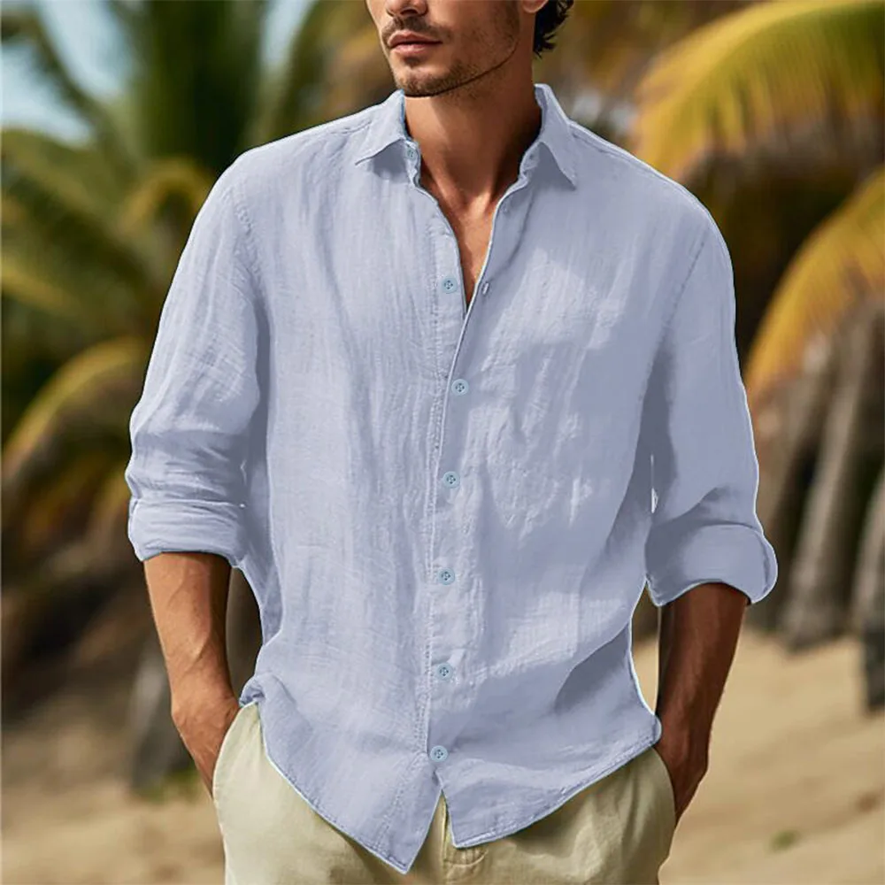 Camicie da uomo in cotone e lino Colletto rovesciato Camicia hawaiana solida Camicia bianca leggera e traspirante Casual Streetwear di grandi dimensioni