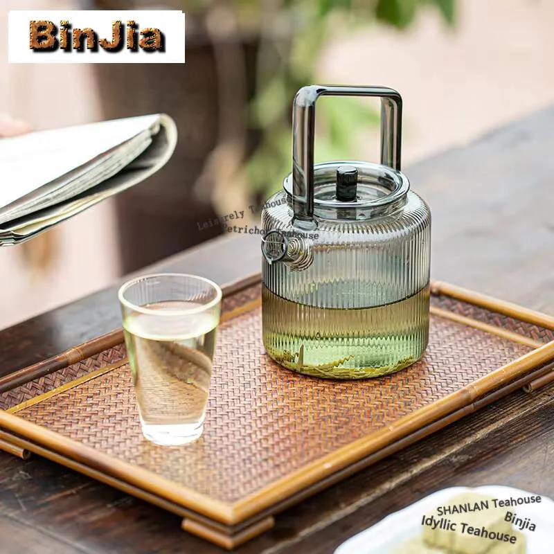 550ml Vertical Pattern Glass Teapot Green Tea Brewing Loop-handled Pot Transparent Cold Soaking Kettle Teapots to Boil Water Pot