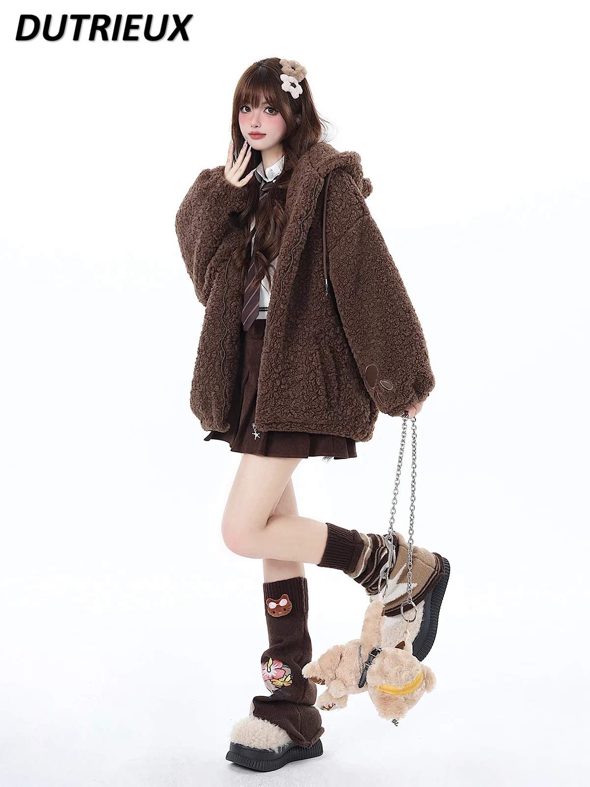 Sweet Cute Cool Animal Ears Fall Winter Hooded Thick Lamb Wool Coat for Women Brown Warm Soft Glutinous Loose Girl Jacket