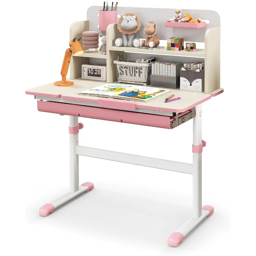 مكتب دراسة مدرسي مع طاولة قابلة للتعديل بارتفاع سطح المكتب قابلة للإمالة مكونة من 7 مستويات تتميز برف كتب مدمج ودرج قابل للسحب