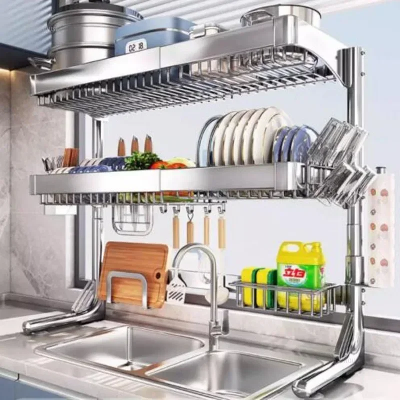 Telescopic Double-layer Draining Dish Storage Shelf Multifunctional 304 Stainless Steel Sink Storage Rack Kitchen Organization g