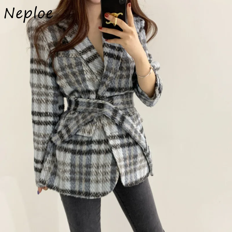 Neploe Vintage Houndstooth Woolen Blazer Mujer 2024 Autumn Winter New Long Sleeve Jackets Y2k Lace Up Slim Waist Tailored Coat