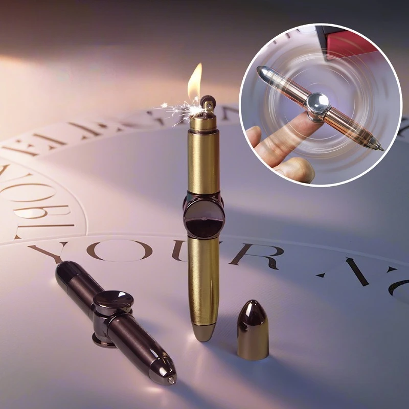 Decompression Toy Pen Rotating Gyroscope Lighter Outdoor Portable Writing Pen Grinding Wheel Ignition Unusual Kerosine Lighters