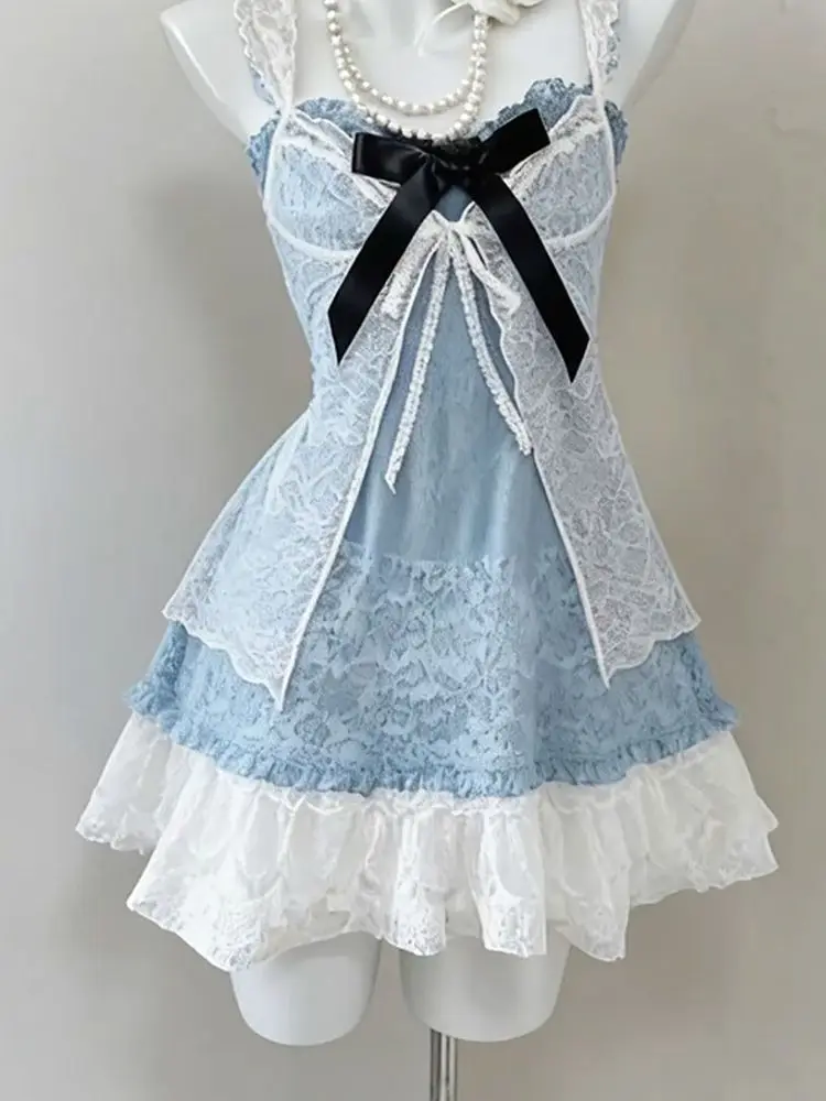 French Vintage Blue Lace Mini Dress Women Lace Bow Spaghetti Strap Slim Fit Ruched Dress Sets Elegant Korean Chic Date Outfit