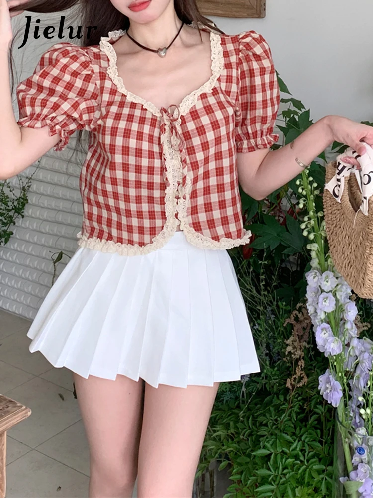 Jielur Summer New French Contrast Color Women Blouse Slim Casual Sweet Chic Loose Blouse Woman Red Ladies Fashion Top Female