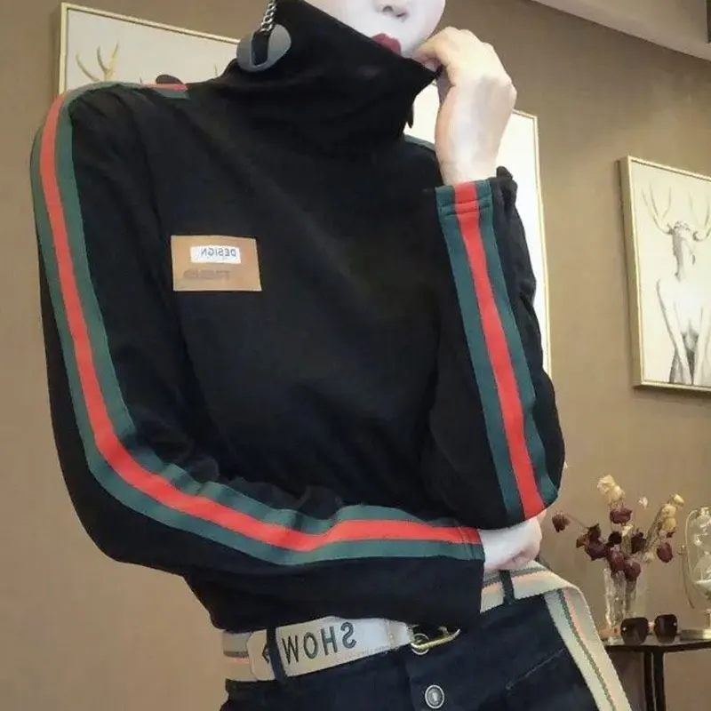 Autumn Winter New Vintage Turtleneck T-shirt Casual Female Clothing Contrasting Colors Spliced Fashion Patch Designs Pullovers