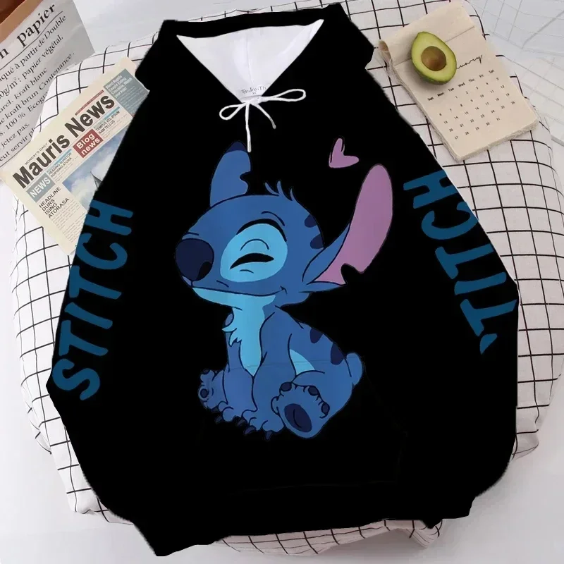 2024 New Disney Hoodie Fashion Stitch Angel Monster Letter Cartoon Sweatshirt Pullover Cute Harajuku Unisex Women\'s Pocket Top