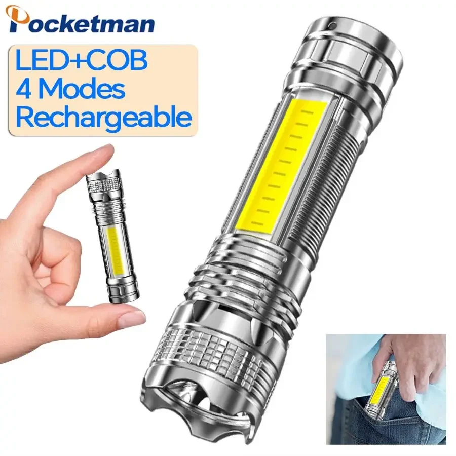 USB Rechargeable 4 Modes Mini Flashlight Waterproof Torch High Lumen LED Flashlights Pocket Lights with COB Side Light