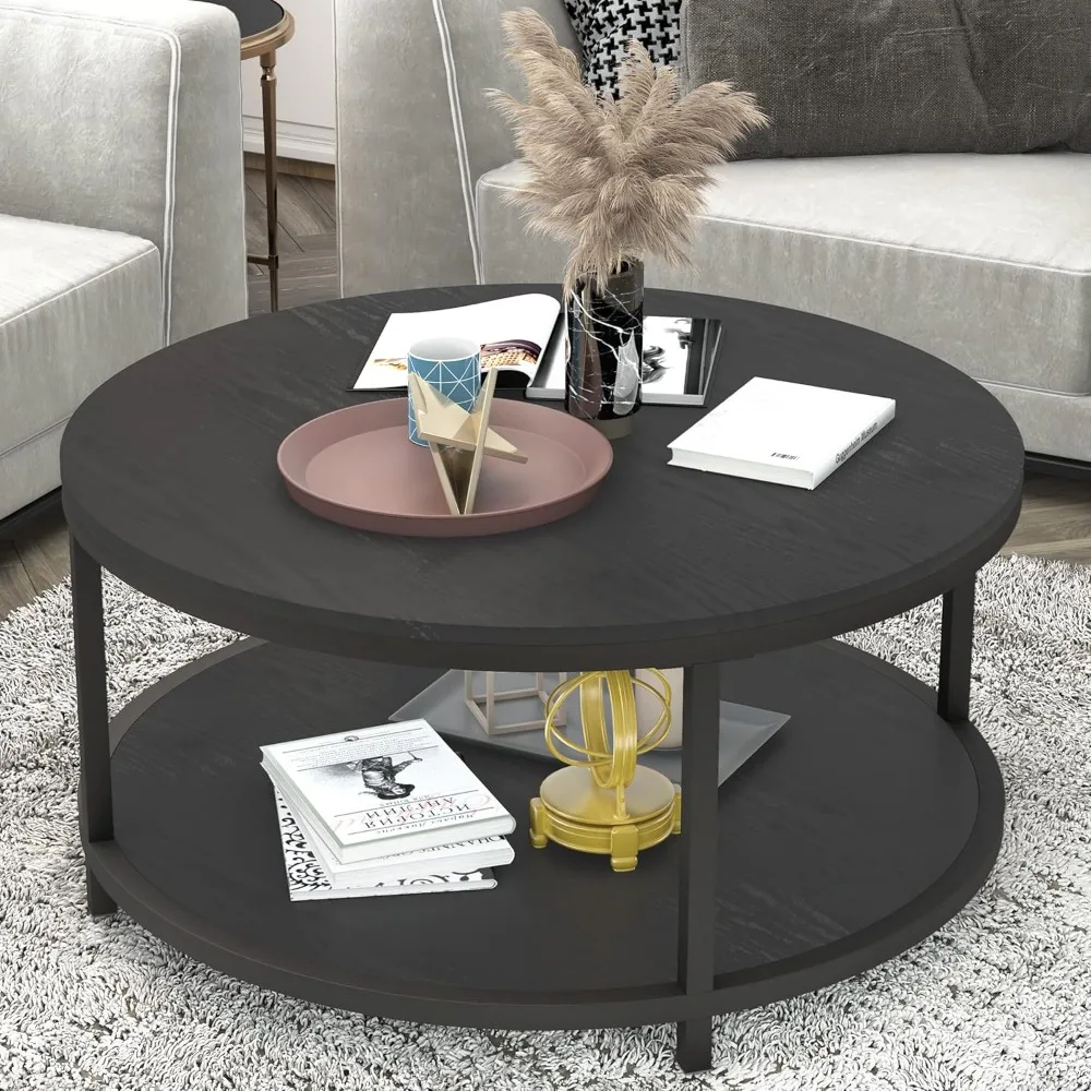 

Round Coffee Table, 36 Rustic Wooden Surface Top & Sturdy Metal Legs Industrial Sofa Table for Living Room Modern Desig