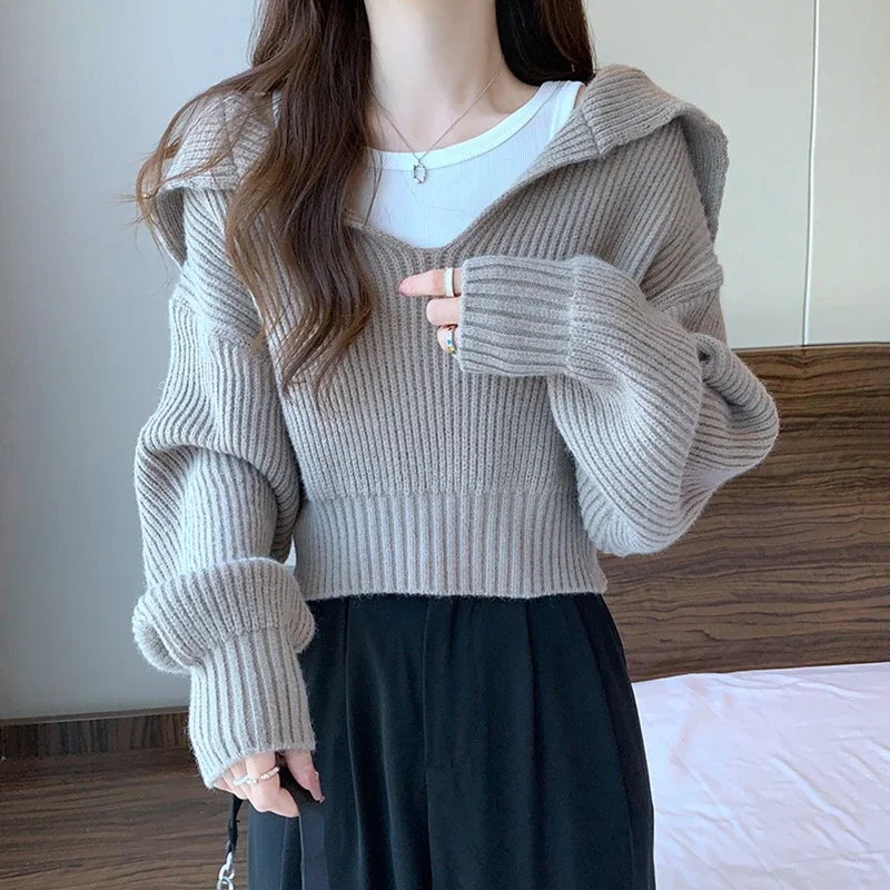 

Casual Long Sleeve Cropped Sweater Women Autumn Winter Turn Down Collar Knitted Jumper Woman Korean Style Solid Color Jerseys