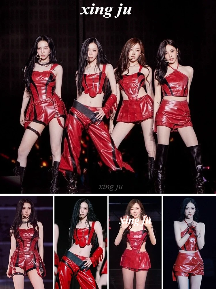

New Kpop Women Group Red Sling PU Crop Tops Singer Loose Leather Pants Tight Shorts Jazz Dance Costume Dj Performance Stage Wear