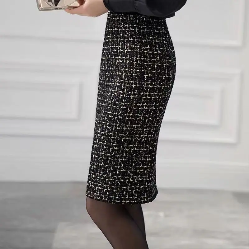 Faldas ajustadas de cintura alta para mujer, faldas a cuadros hasta la rodilla, faldas de tubo de lana, Y572, otoño e invierno, 2024
