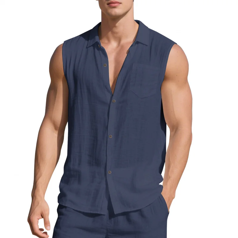 New Summer EU US Linen Sleeveless Open Front Beach Shirts for Men, Loose Minimal Collar Casual Tops Wholesale