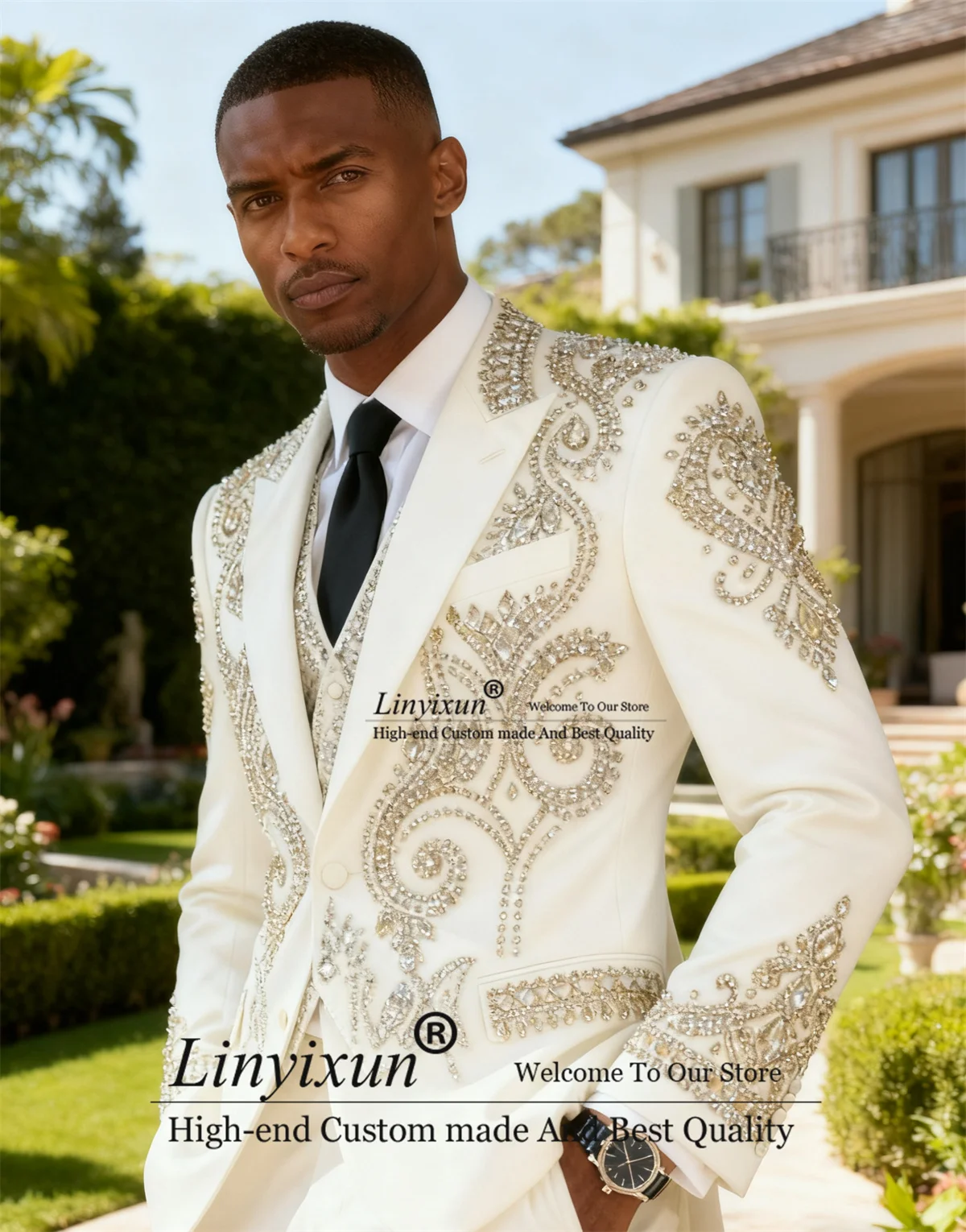 

Мужские костюмы ручной работы со стразами и бриллиантами, смокинги для жениха с остроконечными лацканами, комплект из трех предметов, пиджаки для выпускного вечера по индивидуальному заказу, облегающие Ropa Hombre