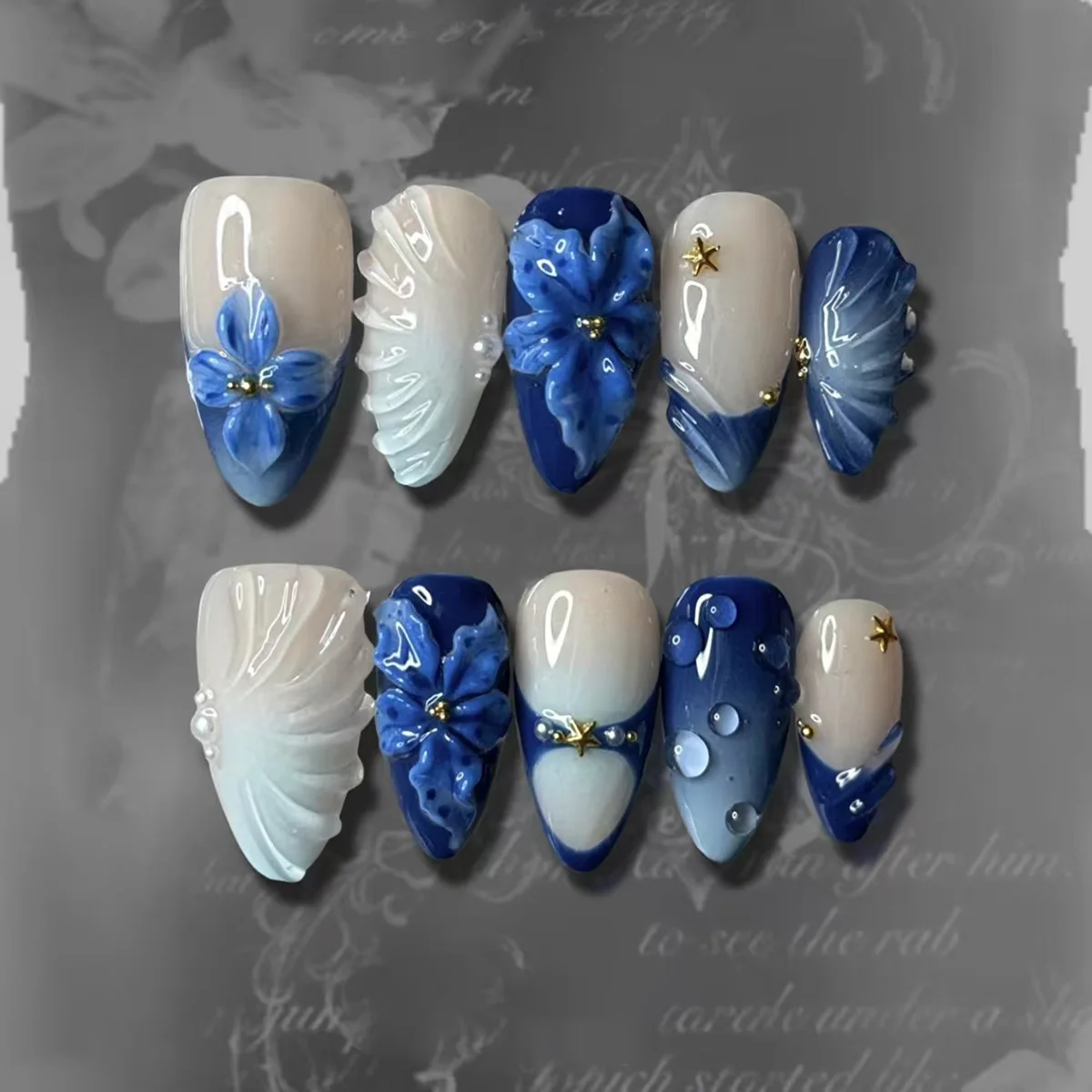 

24pcs Flower Full Cover Nail Tip Gradient Blue Long Almond False Nails Art Pearl Starfish Design Fake Nail French Press on Nails