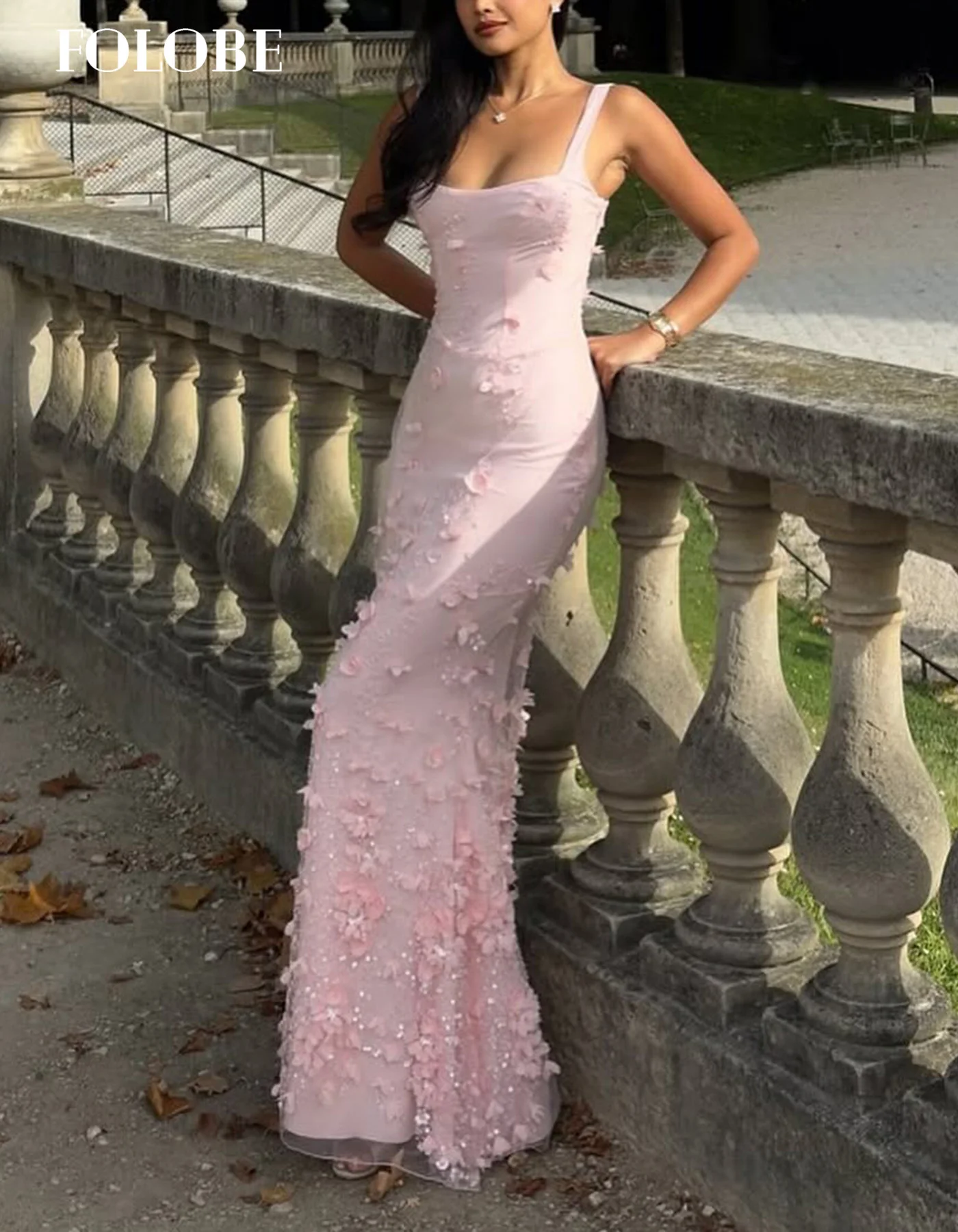 Sukienka wieczorowa FOLOBE, różowa, z kwadratowym dekoltem, cekinami, kwiatami 3D, krój syreny, suknia na studniówkę, dla kobiet, na wesele, bal, możliwość personalizacji.