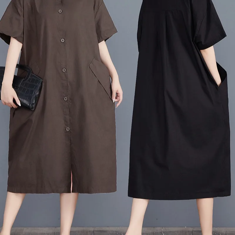 

plus Size Cotton irt Dr Loose Fit Pure Bla ort Sve irt Length High Waist Normal Sve Leisure Sweet Sle...