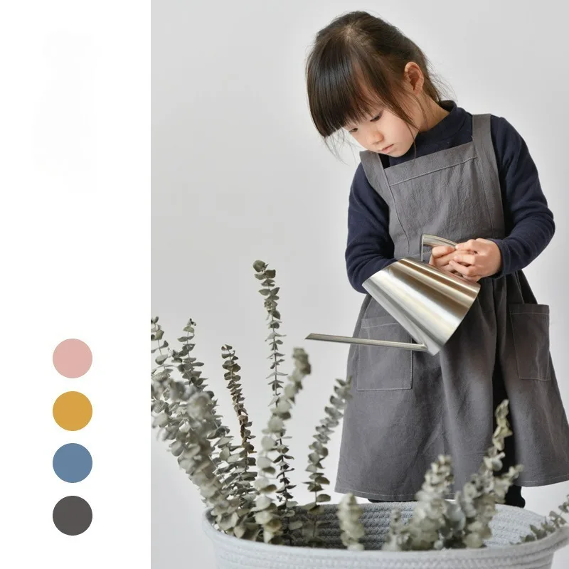 

Solid Color Waterproof Apron for Kids Adjustable Cotton Linen Painting Apron for Boys Girls Art Smock Multi Color