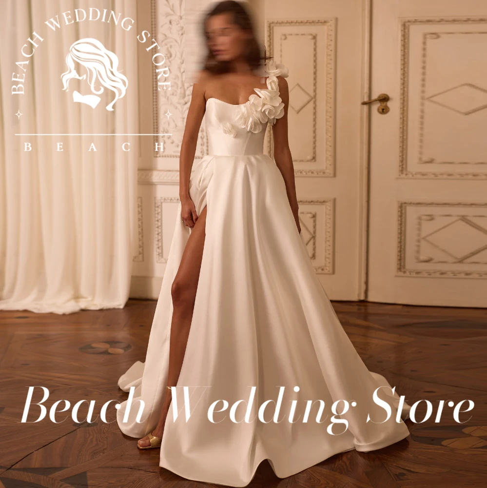 ビーチカスタマイズフロア丈サテンコルセットAラインスイープトレインレースアップバックウェディングドレスロングスリーブプリーツルーシュブライダルガウン