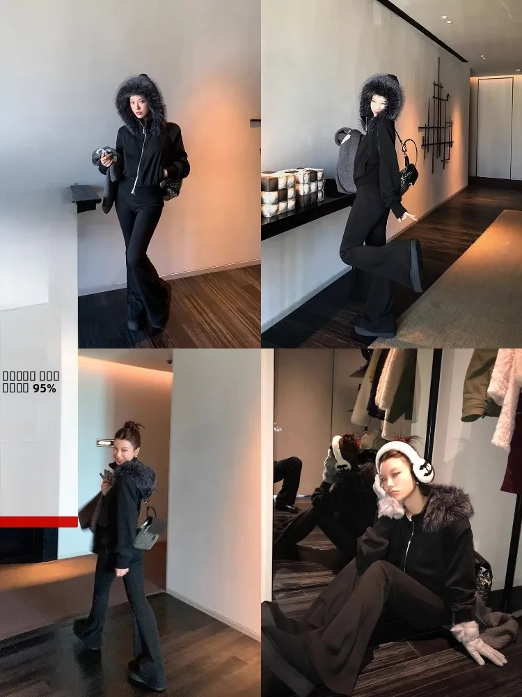 

DULA Good Home London Warm Sun Hooded Cardigan Sweatirt Jaet Women Winter Flared Sweatpants Set High Elastici Cotton Blend