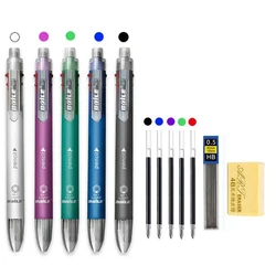 Multicolor Pen 6 in 1 Ballpoint Pen 5 Colors Ball Pens Refill and 0.5mm Mechanical Pencil Lead Office School Korean Stationery