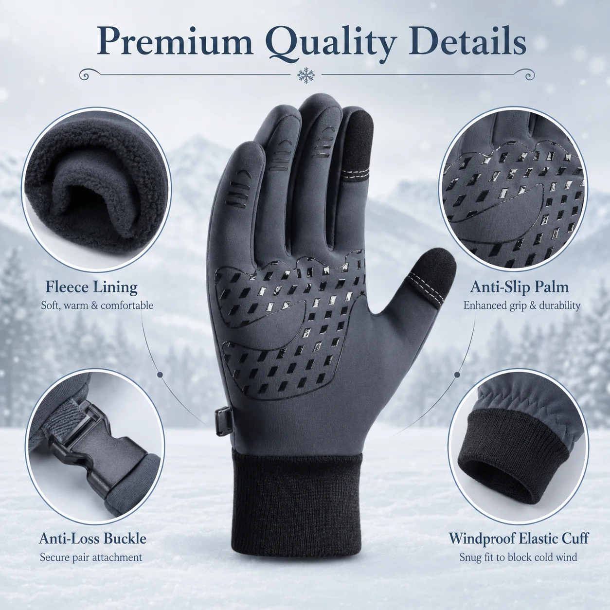 Graue Winterhandschuhe Touchscreen-fähig Warm Rutschfest Wasserdicht Winddicht Outdoor-Handschuhe für Radfahren Laufen Wandern – Detail 8