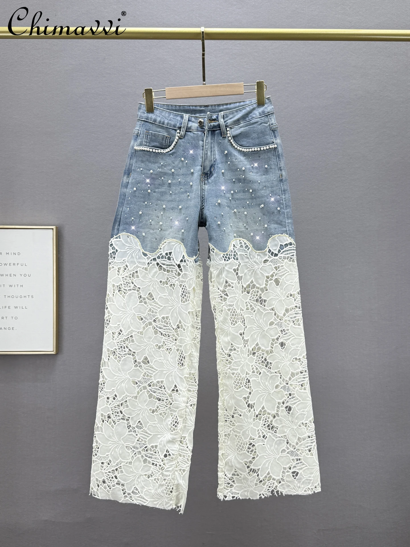 

Тяжелые джинсовые широкие брюки, инкрустированные бисером, женские летние 2023, новые модные свободные кружевные полые брюки с высокой талией