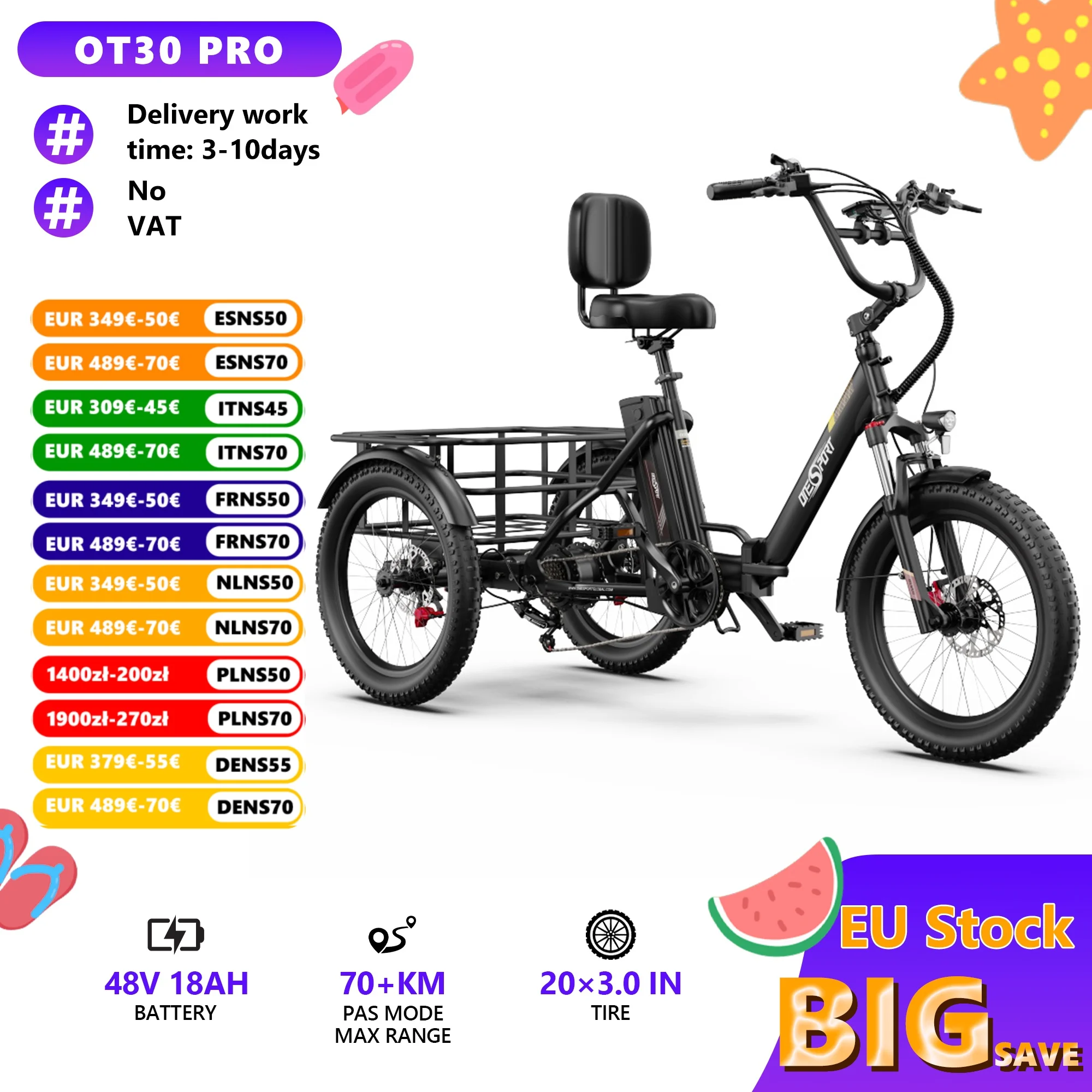 Tricycle électrique de transport ONESPORT OT30 Pro, batterie 48V 18Ah, pneus 20*3.0 pouces, vitesse maximale 25 km/h, autonomie 90 km, freins à disque