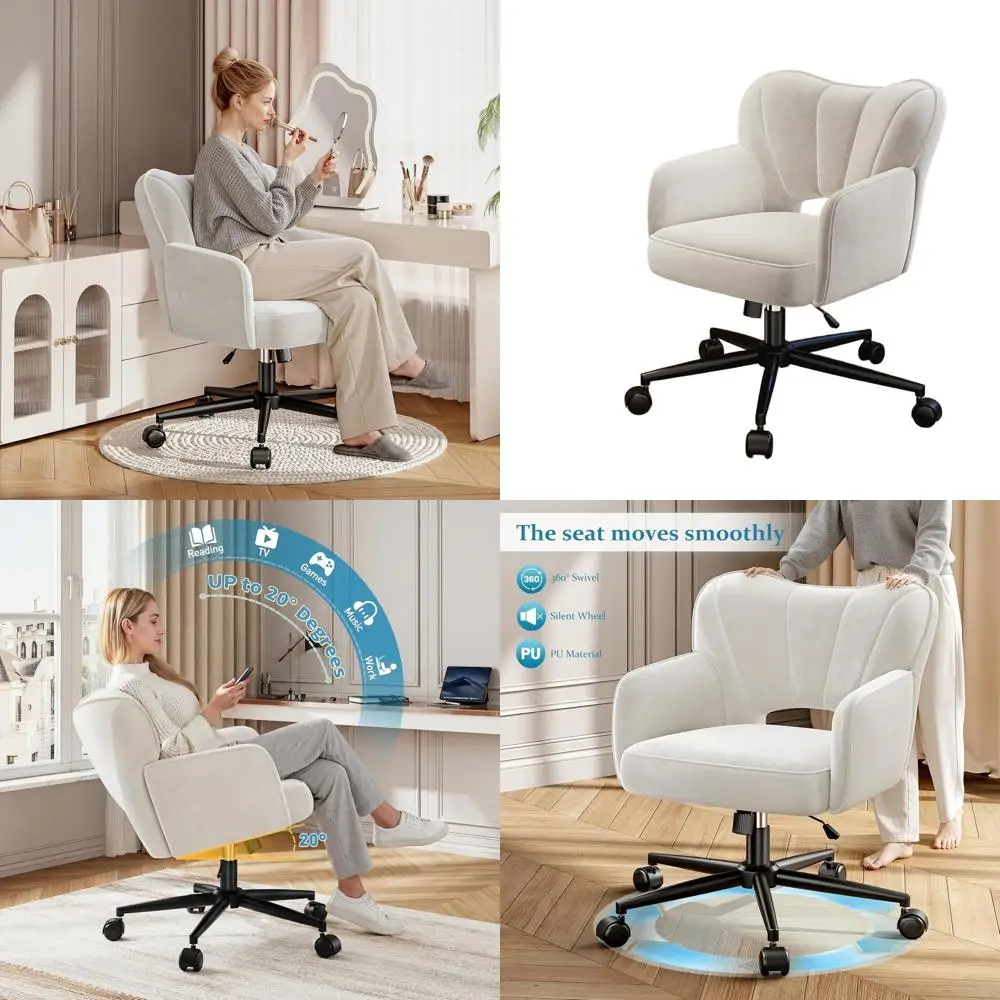

Adjustable White Makeup Chair with Wheels and Back Support for Comfortable Desk Use