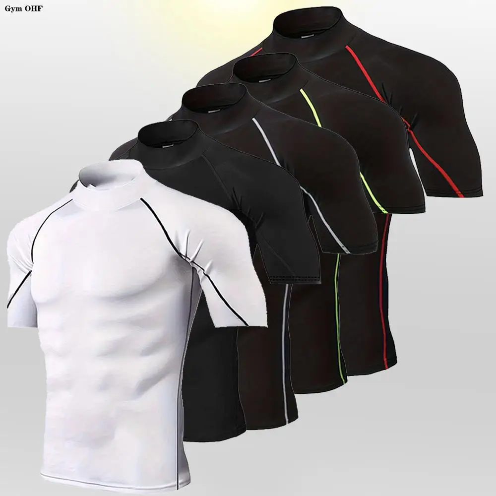 T-shirt de sport moulant pour homme, col roulé, manches courtes, compression, séchage rapide, idéal pour la musculation, la gym, la course à pied et l'entraînement masculin en été