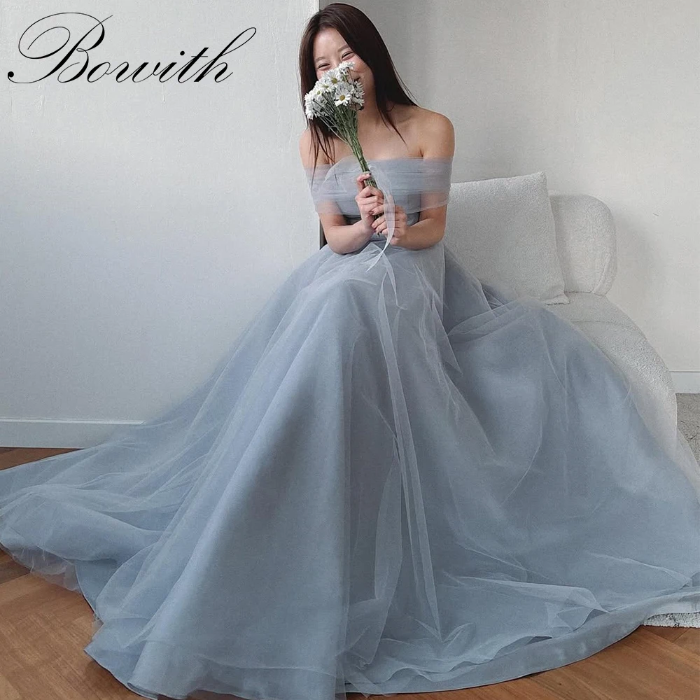 

Bowith Blue Korean Evening Dresses with Shawl A-Line Girls Prom Dresses Customized Party Dresses Tulle Wedding Snap Dresses