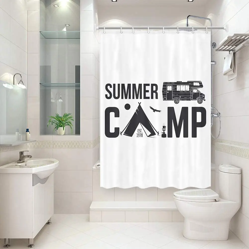 RV Shower Curtain Camper Trailer Camping Bathroom Summer Camp Trailer Camping Tent Shorter and Narrow Curtains with Hooks Set