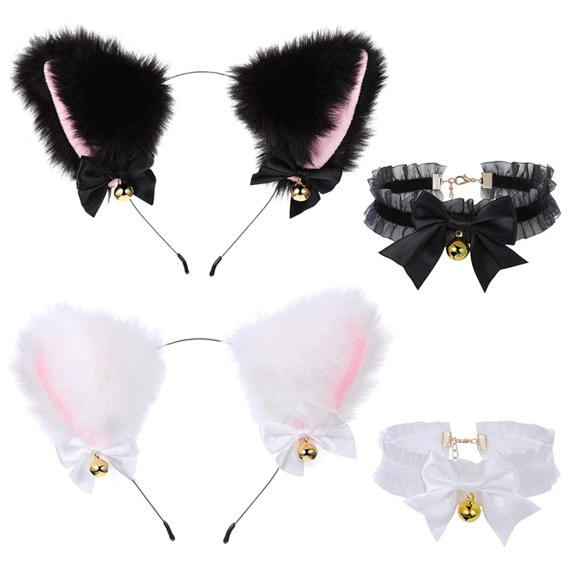 1Set Cat Ear Headband With Bells Chocker Necklace Plush Furry Cat Ears Hairband Women Girls Party Cosplay Headwear Fancy Dress