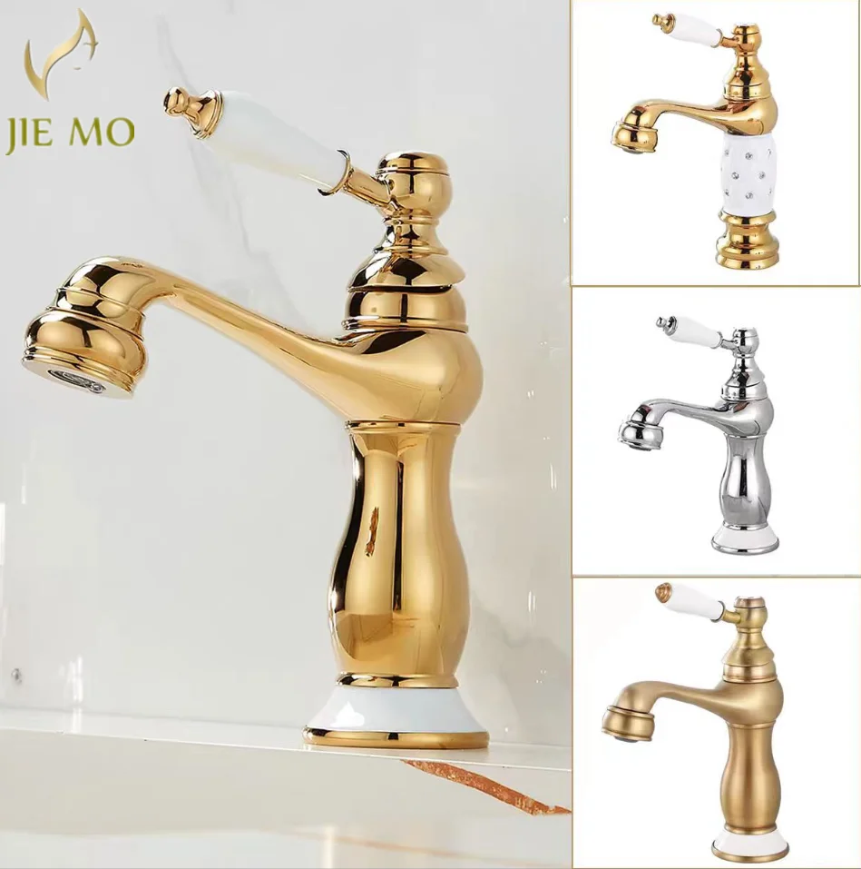 

Ретро медный смеситель для раковины с одной ручкой, смеситель для умывальника во французском стиле золотого цвета, смеситель для холодной и горячей воды