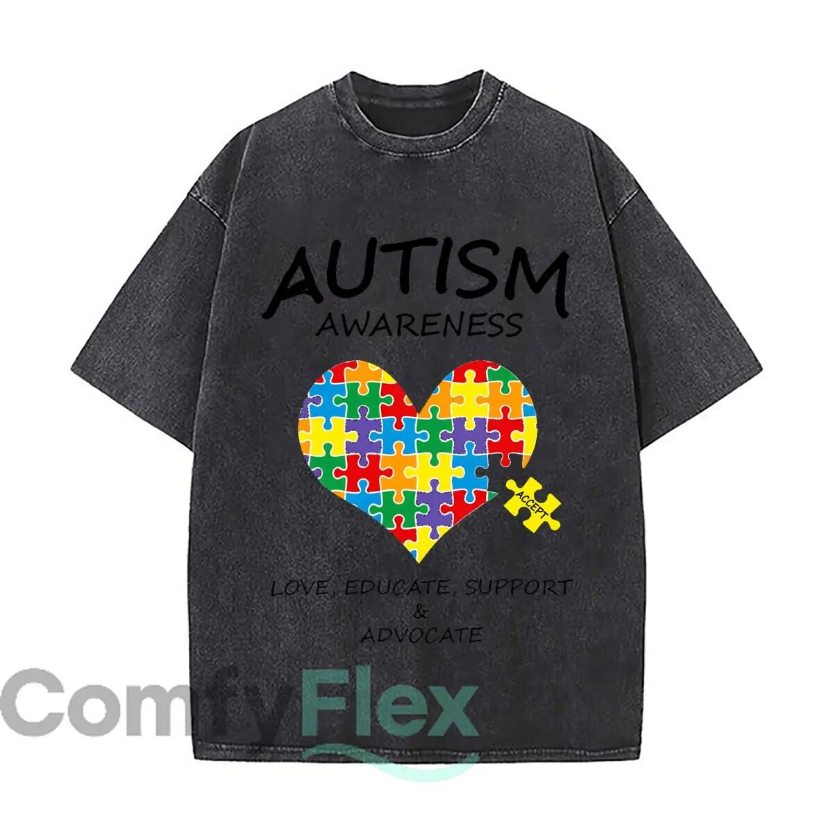 Autism Awareness Colorful Puzzle Heart Accept Love Educate Support Advocate Distressed Faded Baggy Streetwear Tops