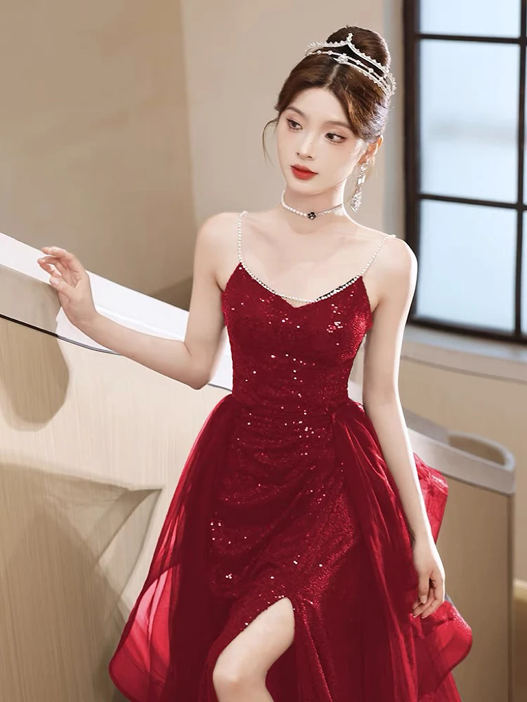 Sexy Red Mermaid Cocktail Dresses Sequins Spaghetti Strap Side Split Sleeveless Tiered Shiny Celebrity Prom Party Gowns New