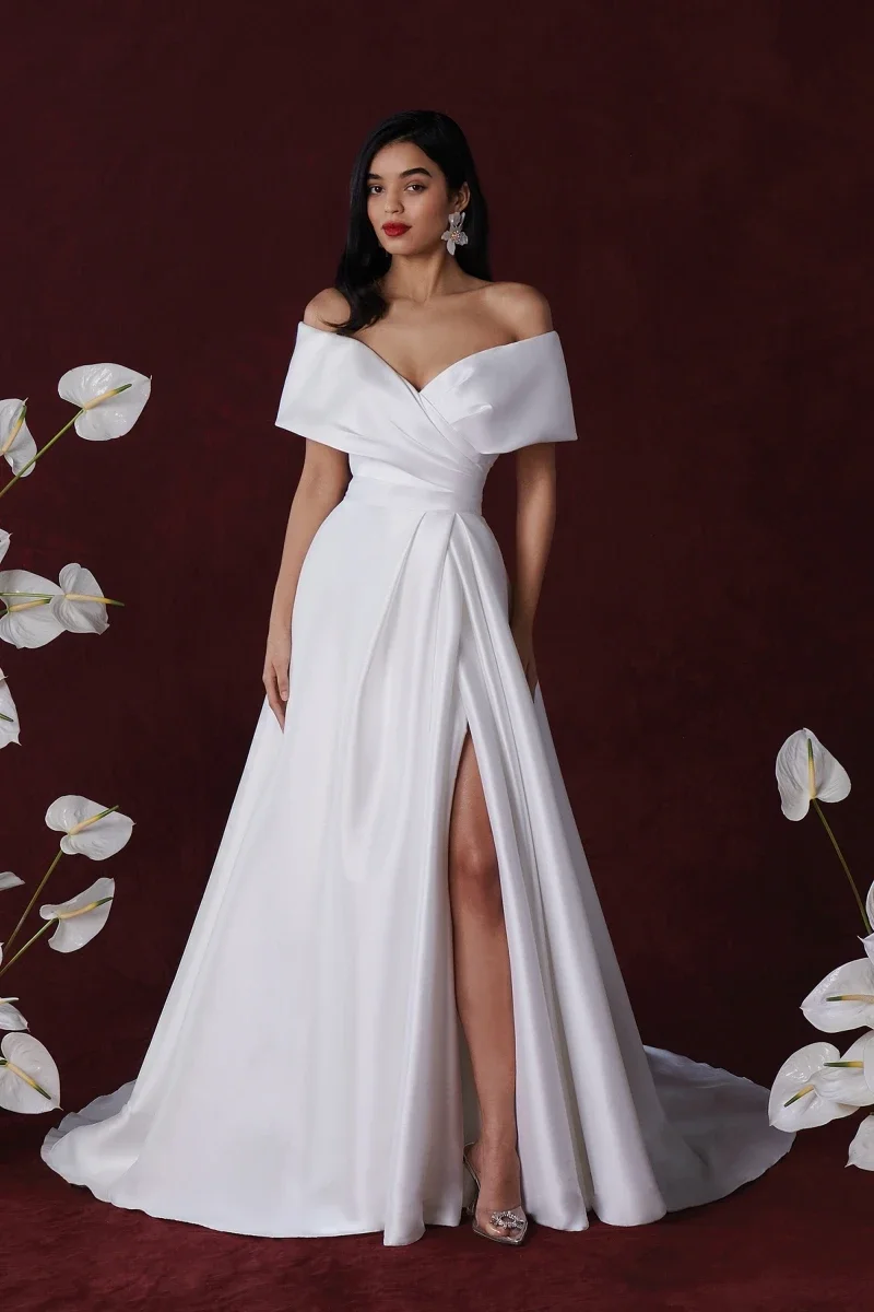 

Elegant Off The Shoulder Satin Wedding Dress 2024 A-line Slit Floor-Length Sweep Train Plus Size Women's Wedding Dress