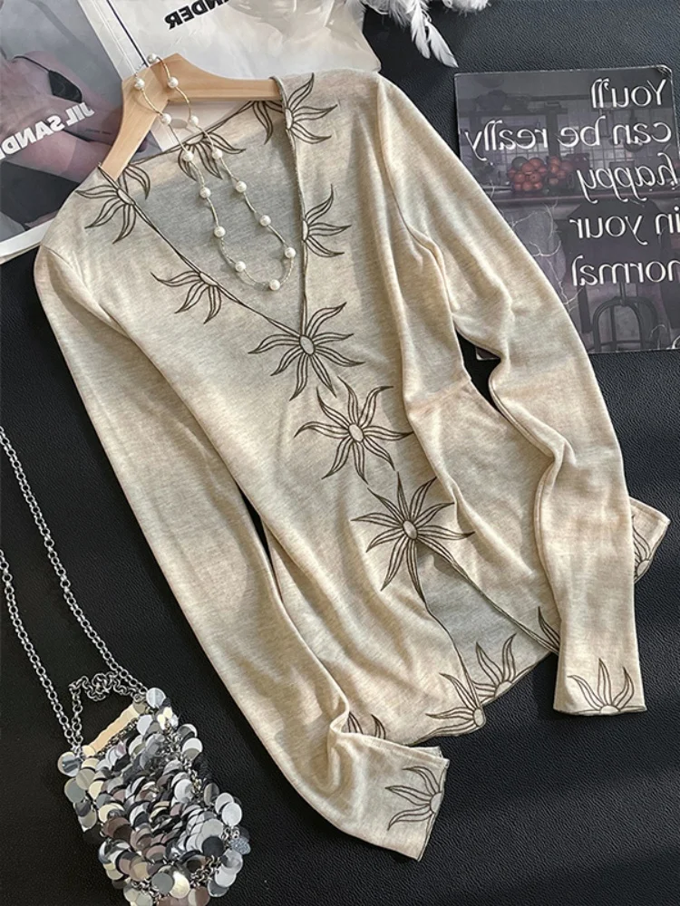 سترة محبوكة بأكمام طويلة وياقة على شكل V مع تطريز زهري عتيق للرجال والنساء، قميص خريفي أنيق بتصميم نحيف وعصري للسيدات #3